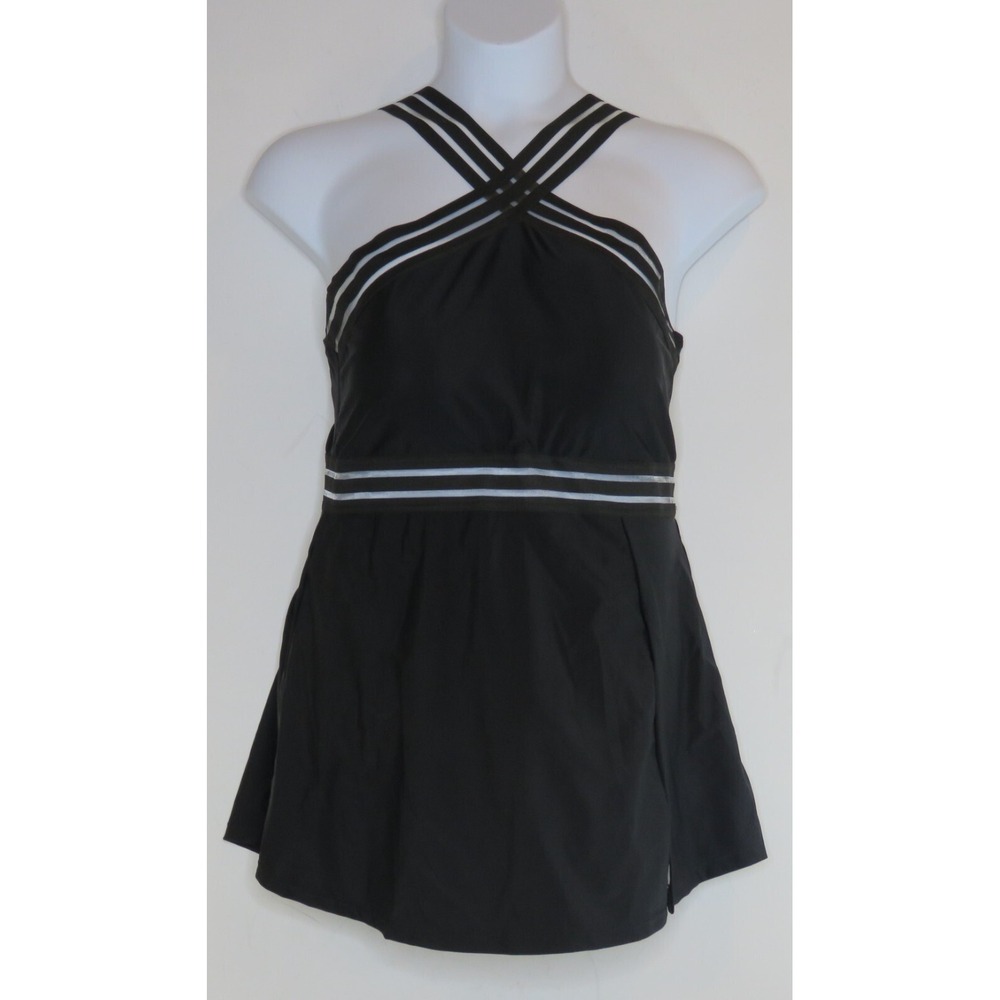 Sea & Sand Black One Piece Swim Dress 20 W Halter Neck Criss Cross Empire Waist